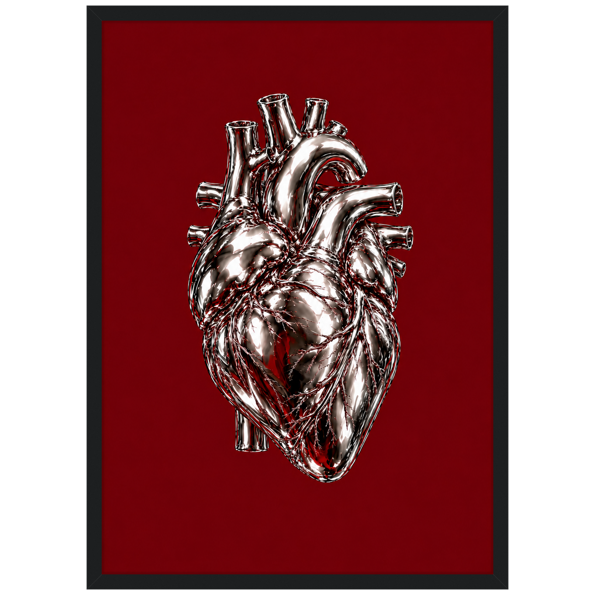 Heart of Steel — chrome anatomical heart poster on burgundy in a black frame by WallDrip