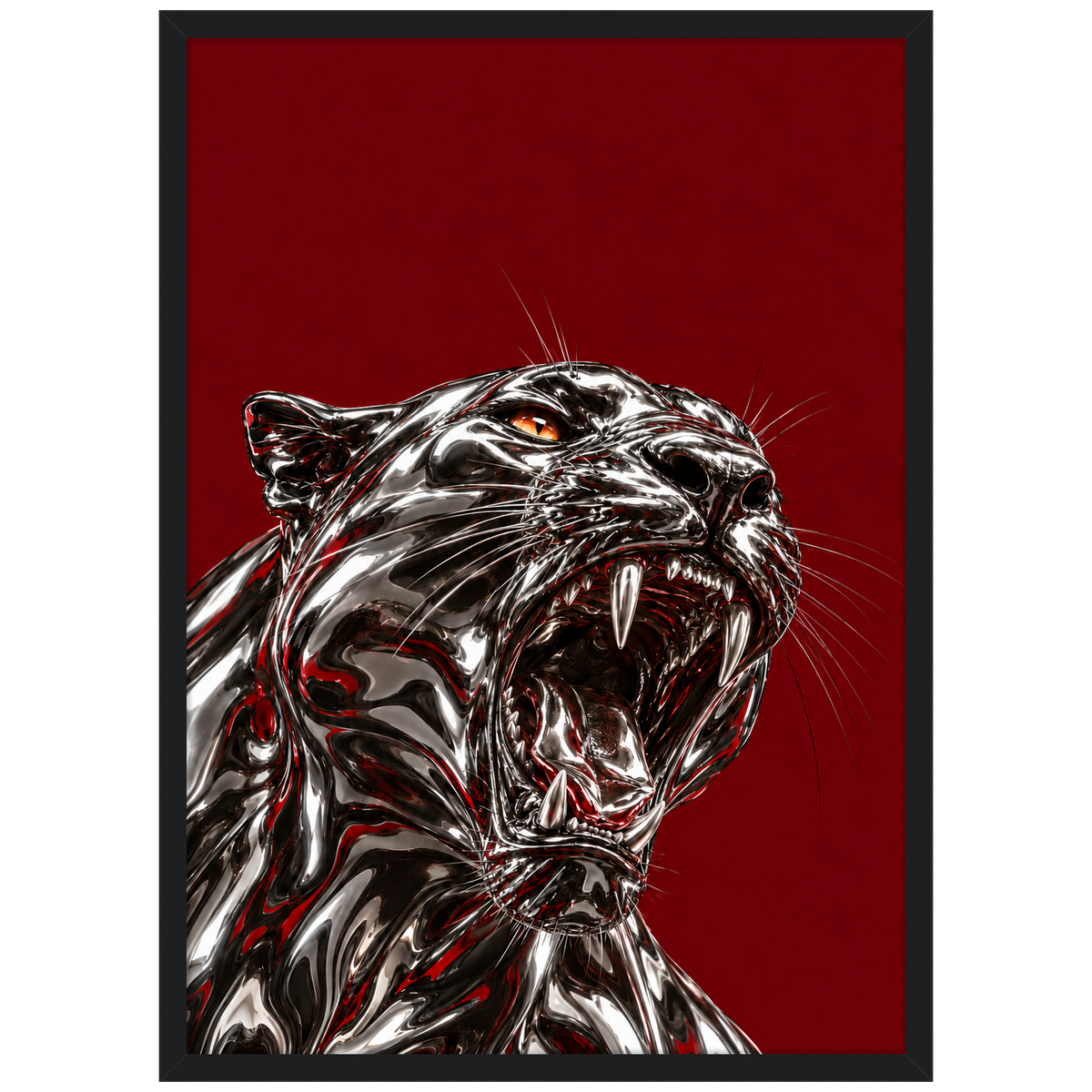 The Last Word — chrome panther poster on burgundy in a black frame by WallDrip