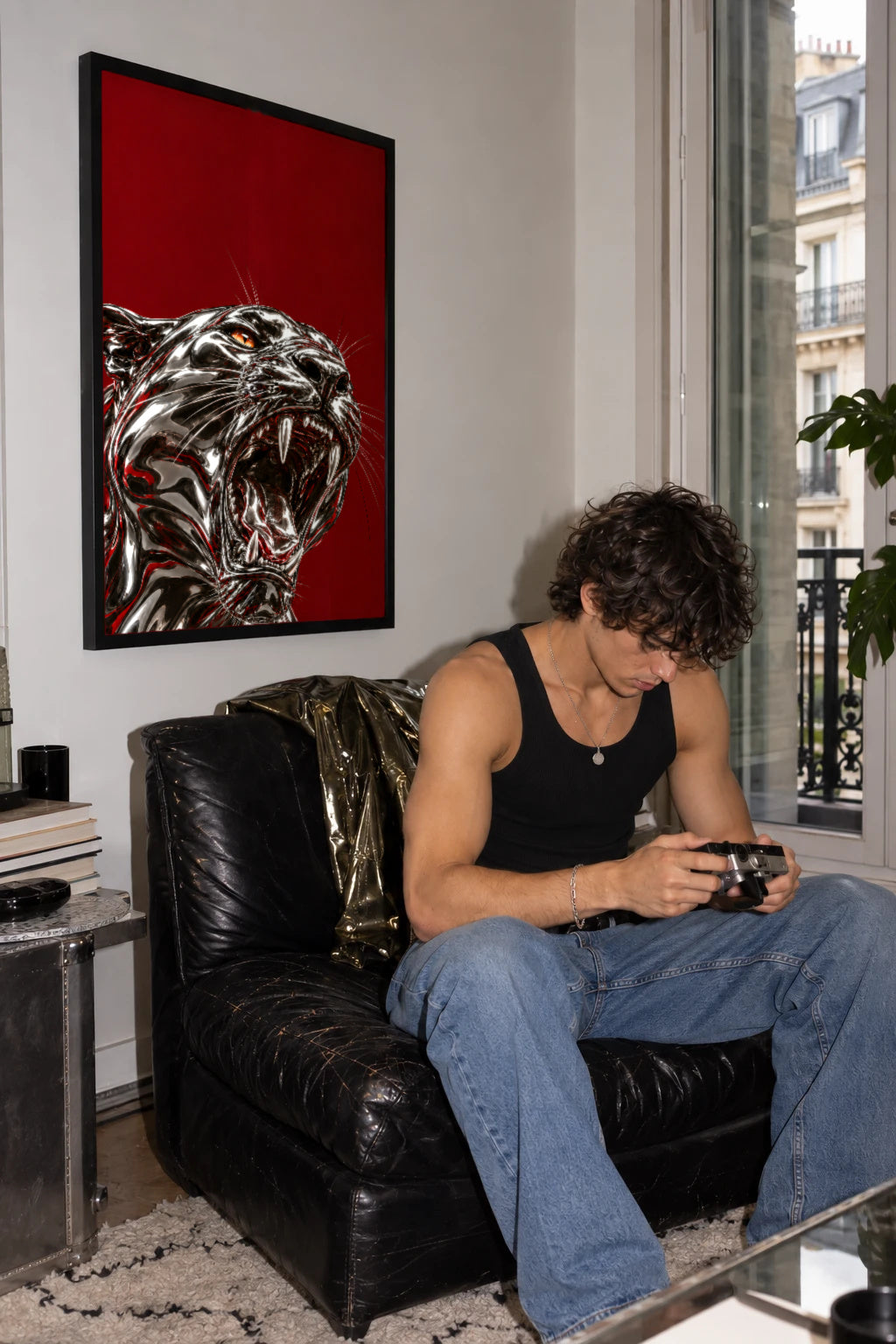 The Last Word — chrome panther poster on burgundy in a black frame in a living room by WallDrip